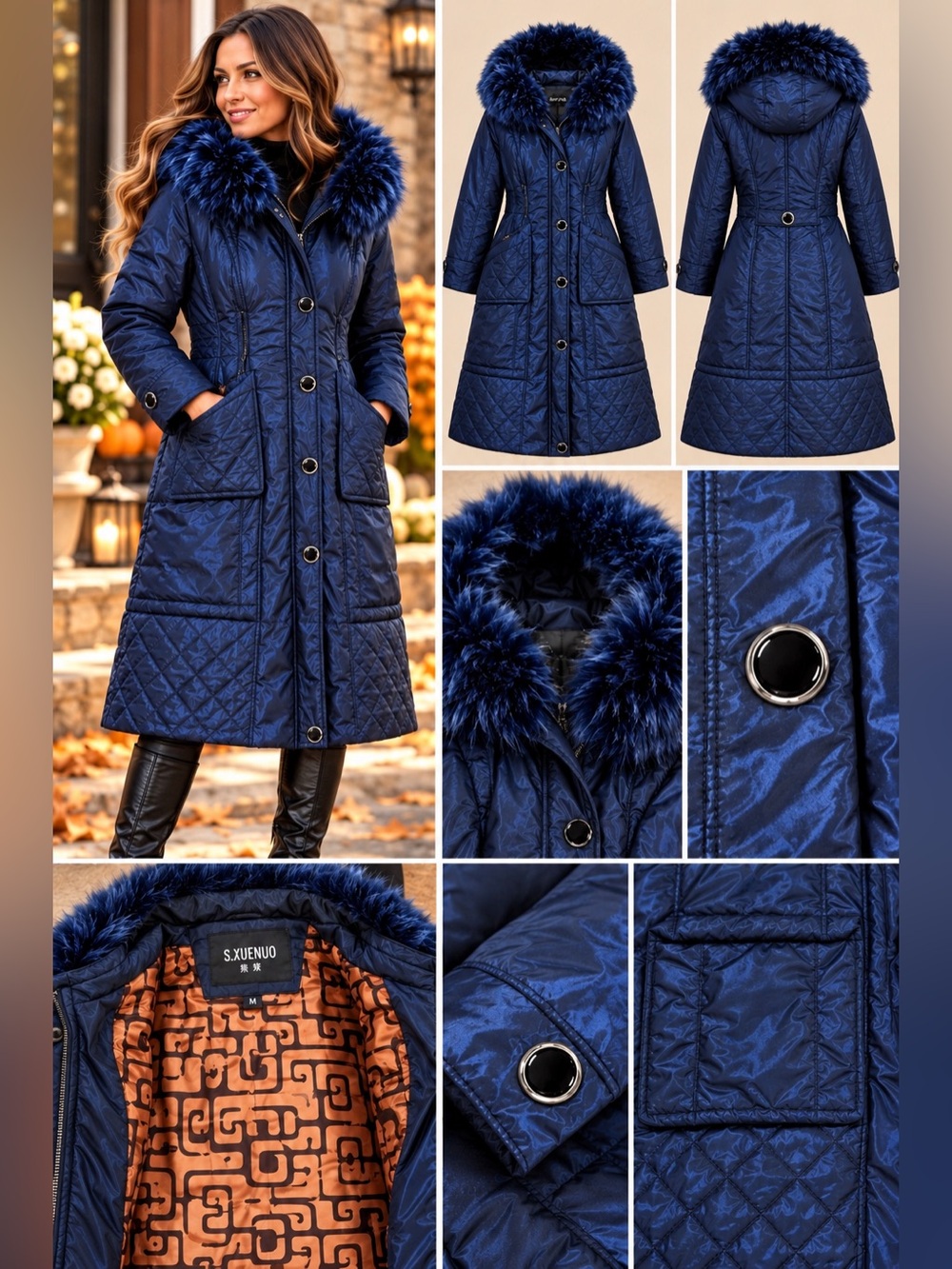 S.XUENUO Chinese Luxury Boutique Brand Long Navy Faux Fur Hooded Winter Coat | S